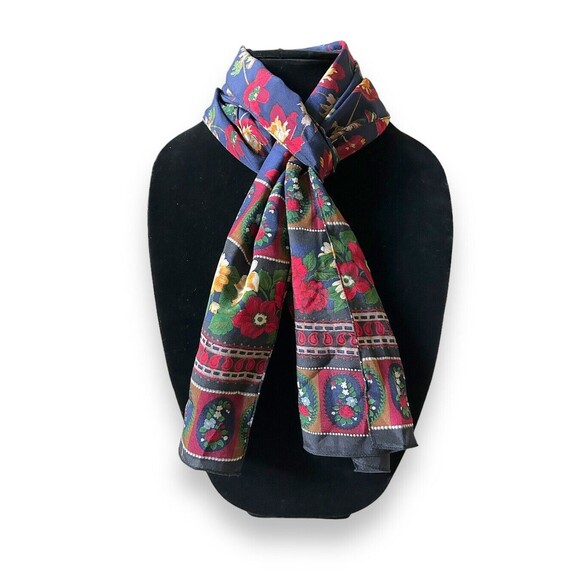 Vintage Blue & Red Wine Rectangular Scarf 11” X 29” Unisex Neck Floral Scarve - Picture 3 of 7